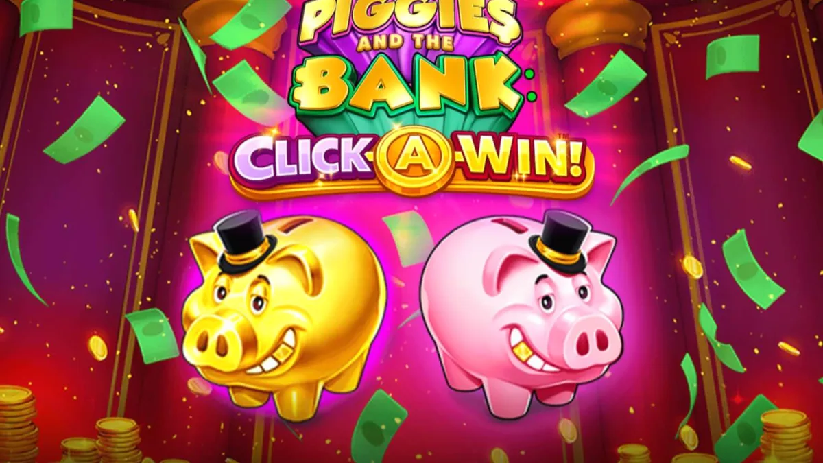Tampilan visual slot Piggies and the Bank: Click-A-Win dengan tema babi kaya dan koin emas.